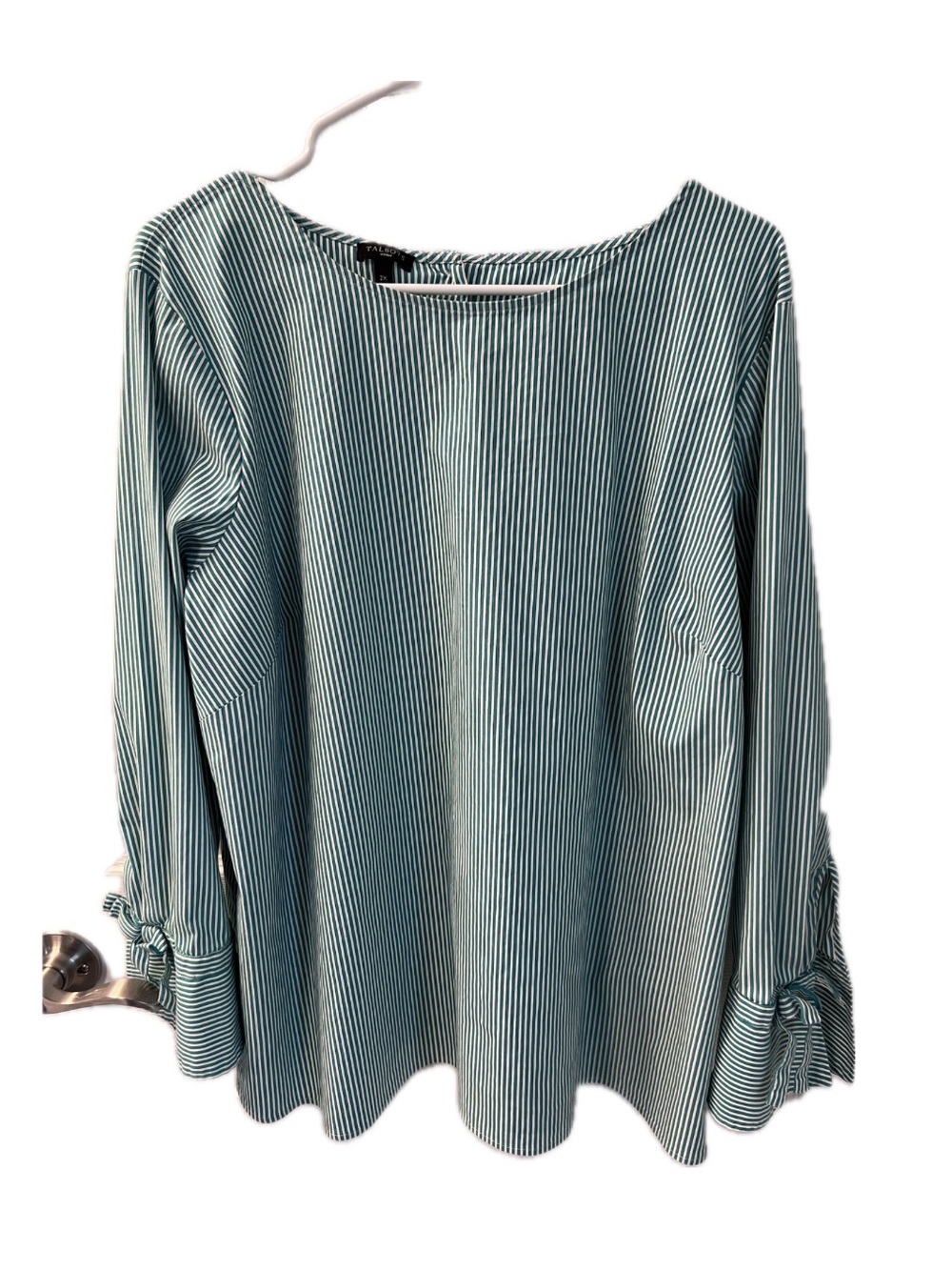 Talbots Teal and White Striped Long-Sleeve Blouse with Tie Cuffs